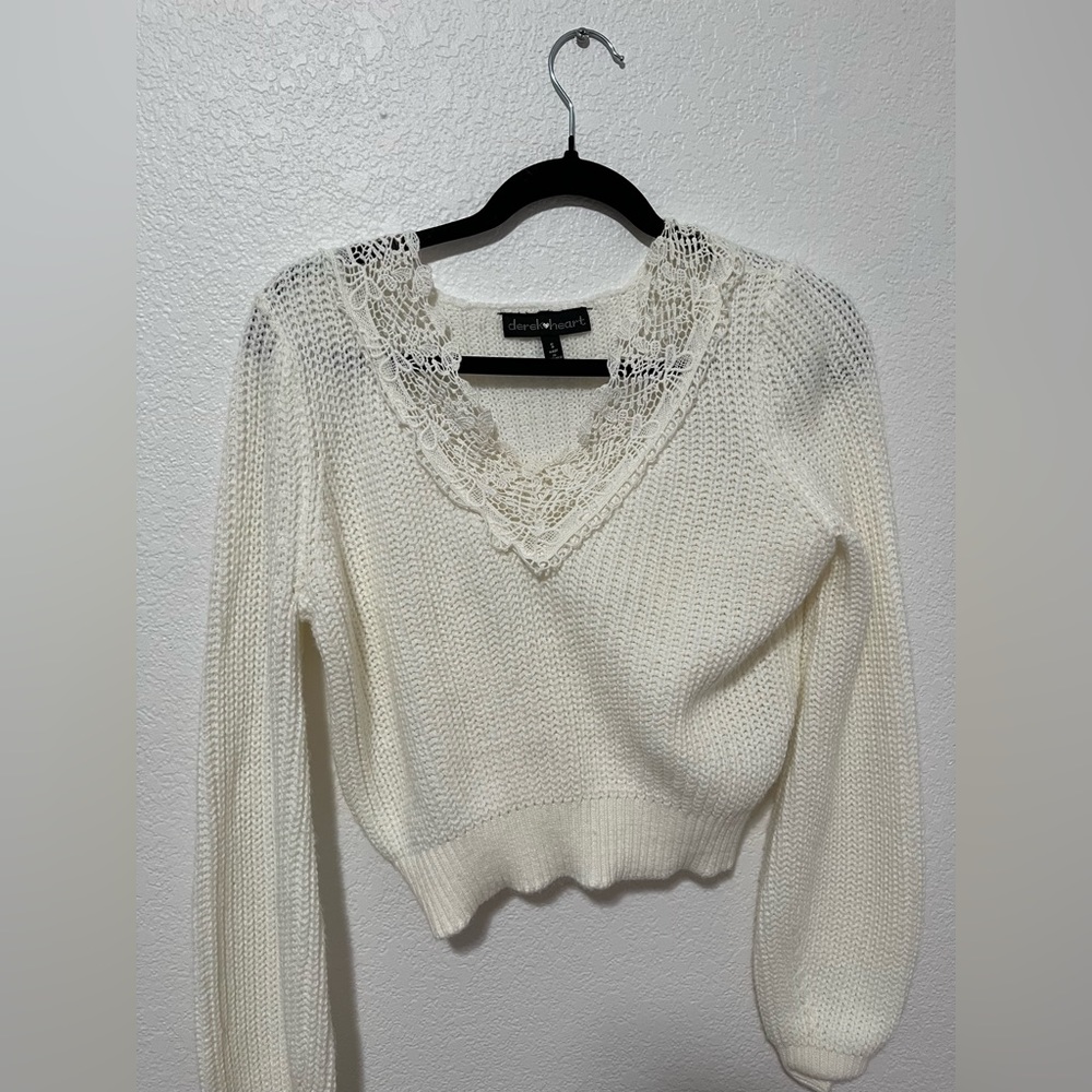 White Derek Heart Lace Sweater, Size S